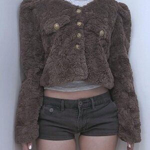 Brown Sherpa Faux fur Gold-tone Button Cropped Jacket